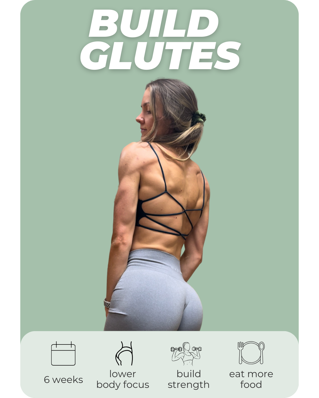 Build Glutes program card: 6 weeks, lower body focus, build strength, eat more food